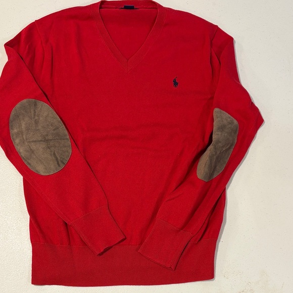Polo by Ralph Lauren Men's V-Neck Red Sweater with Elbow Patches - Picture 1 of 6